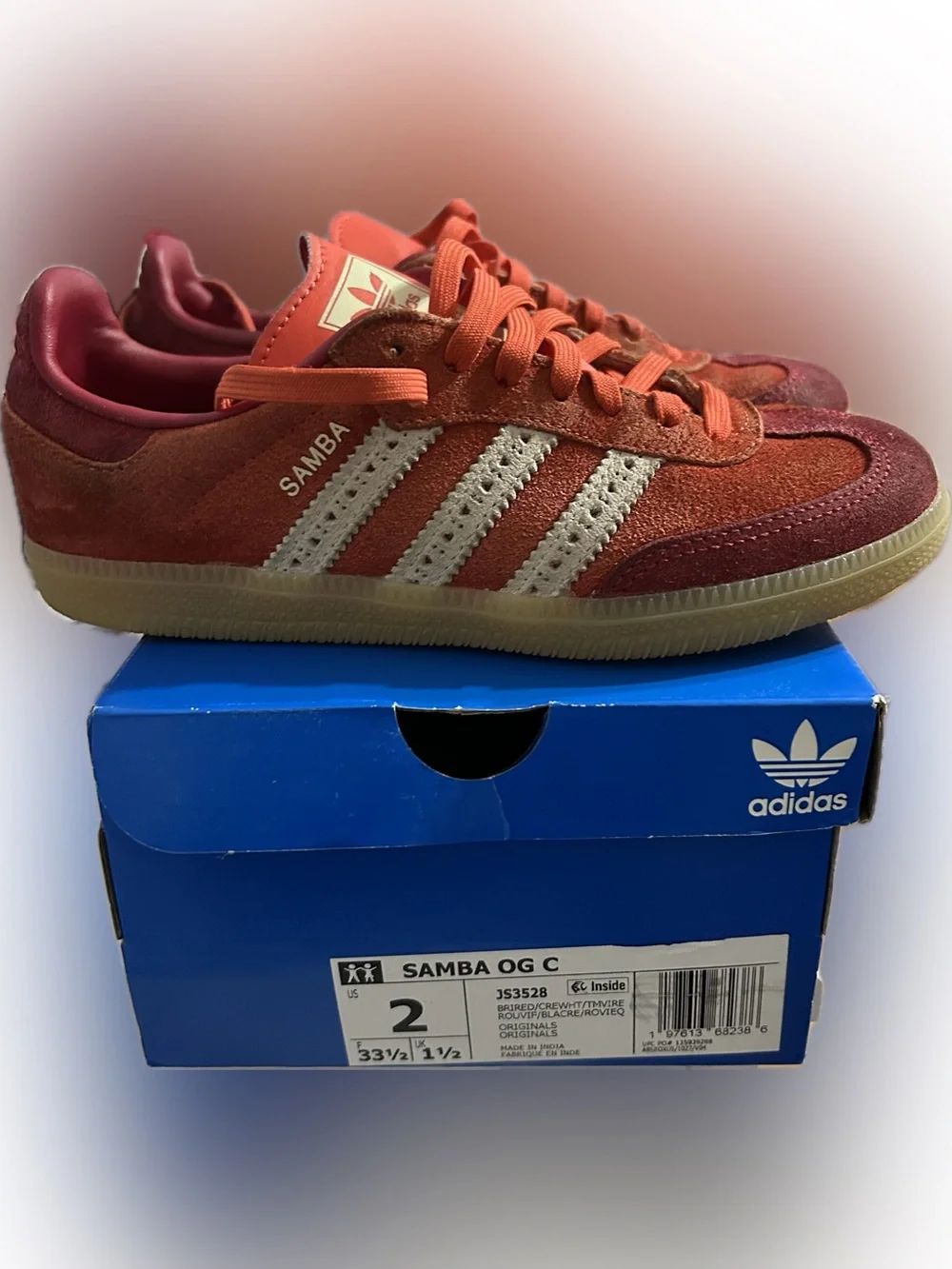 adidas Bright Red, Cream, and Orange Suede Samba OG